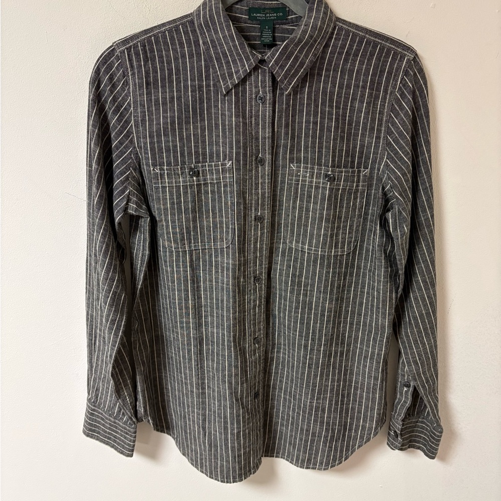 Ralph Lauren Jeans Co Womens Gray White Striped Engineer Blouse Small NWT